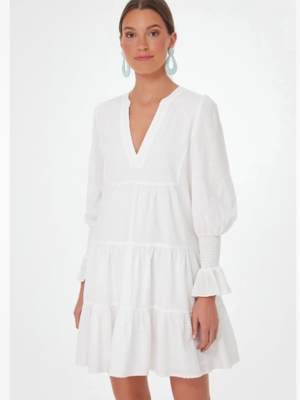 Pomander Place Kenzo Dress M White Swiss Dot Tiered Mini Long Sleeve Cotton